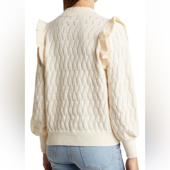 New FRNCH Paris Cream sweat Valeria Ruffle Shoulder Pointelle Sweater - Picture 3 of 9